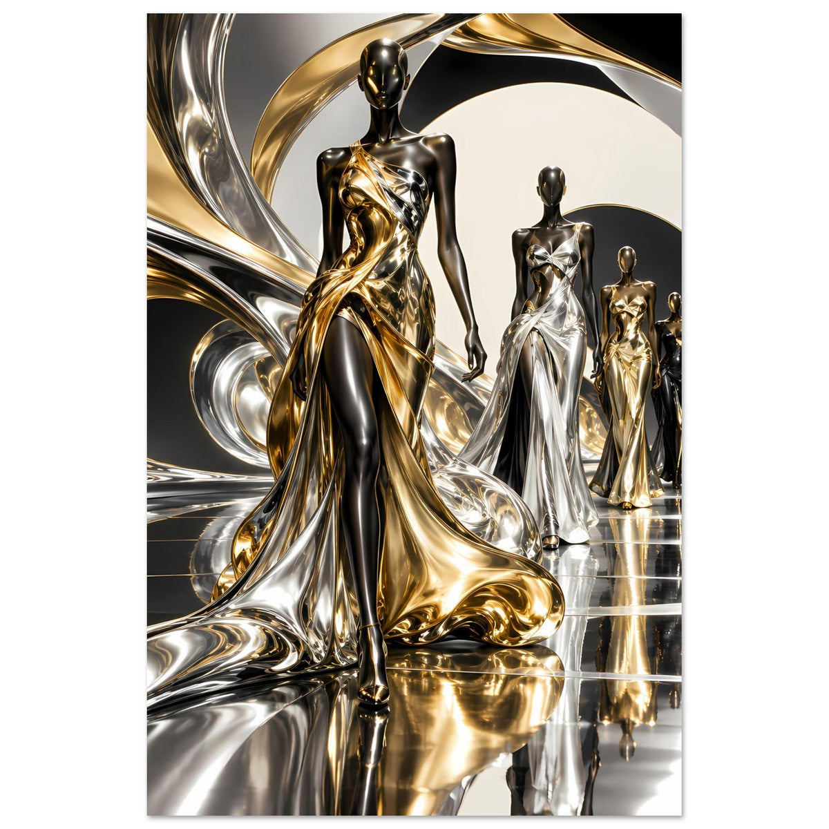 Gold- und Silberfarbenes Poster im Hochformat: große Figur vorn, weitere Figuren in Reihe
