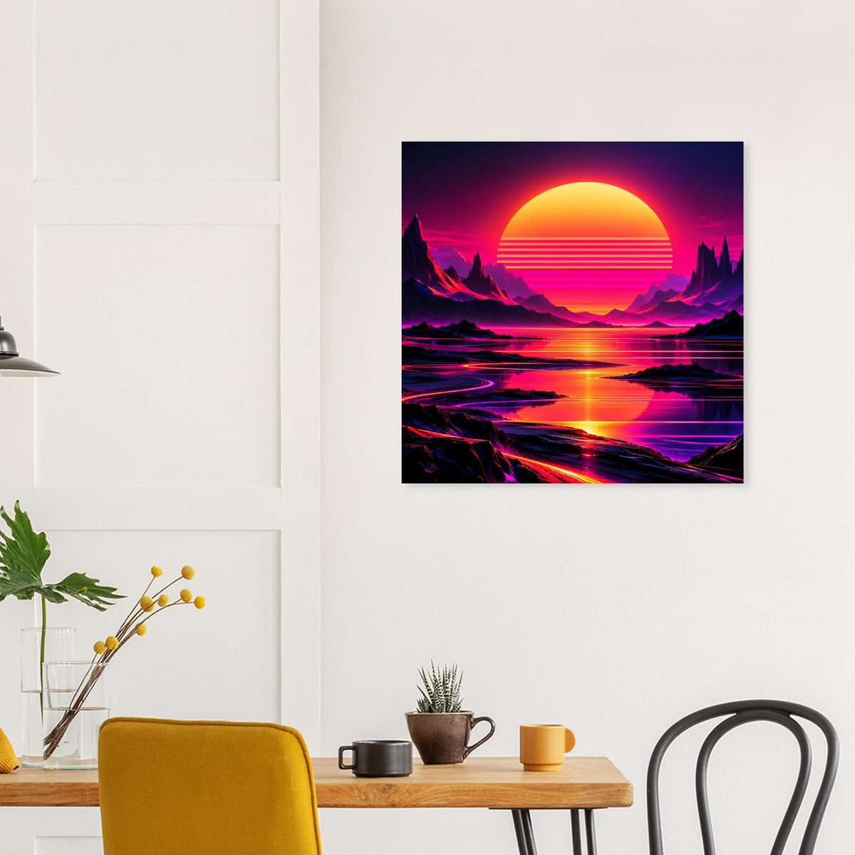 Quadratisches Neon-Poster mit Retro-Sonnenuntergang in Pink, Orange und Violett.