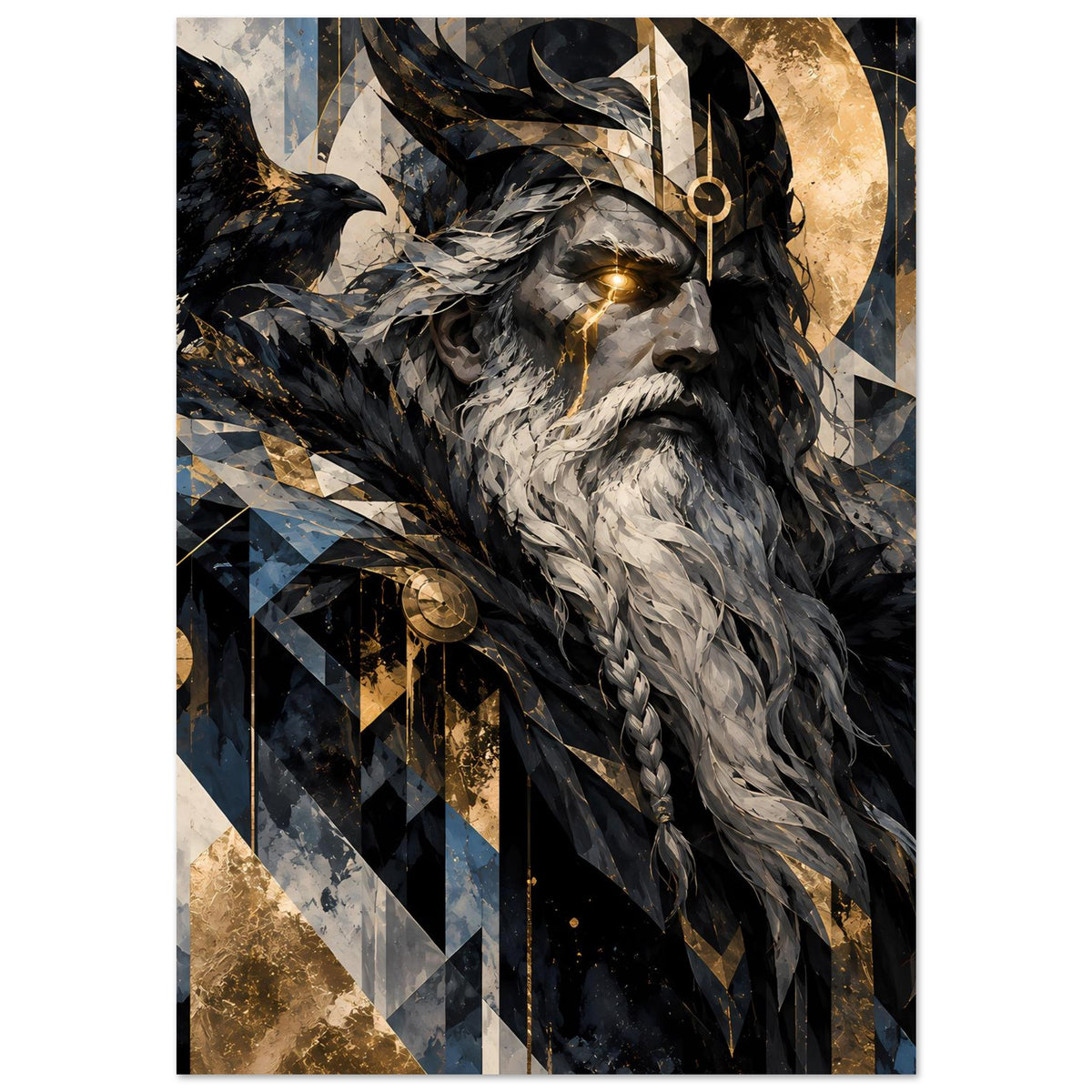 Poster mit Odin im Profil: grauer Bart, goldenes Auge, schwarze Federn und Runenmuster