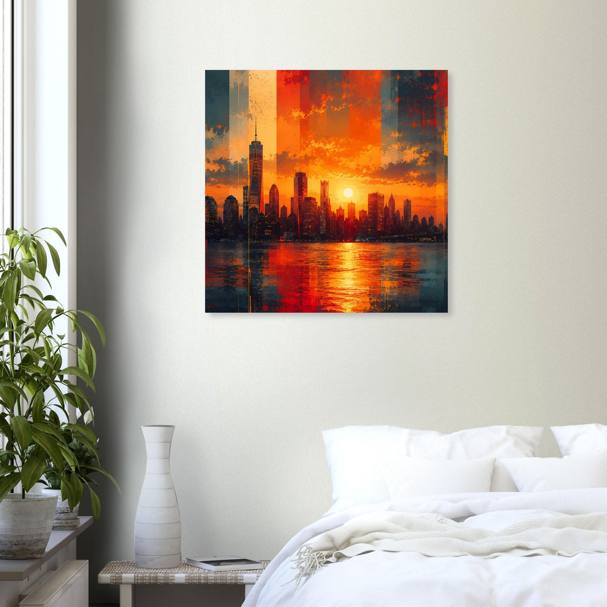 Quadratisches Poster mit City-Skyline bei Sonnenuntergang, orange-roter Farbverlauf und Wasserspiegelung