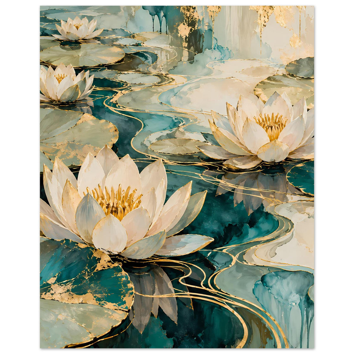 Hochformatiges Lotusblüten-Wandposter mit weißen Seerosen und blau-goldenen Flusslinien.