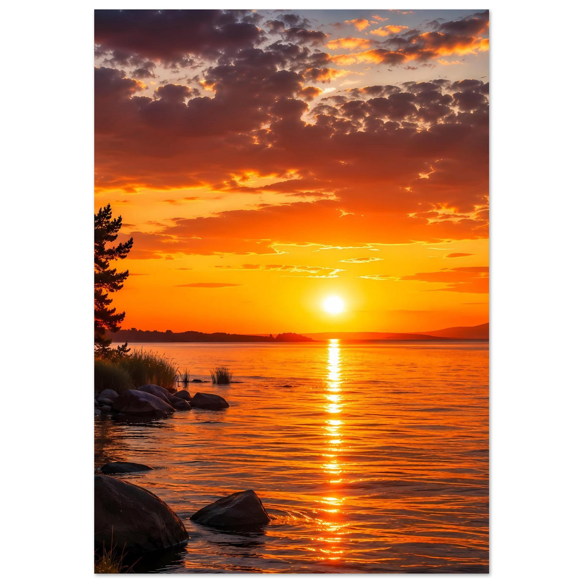 Poster Landschaft: orangefarbener Sonnenuntergang über See mit Sonnenreflex und Steinen am Ufer