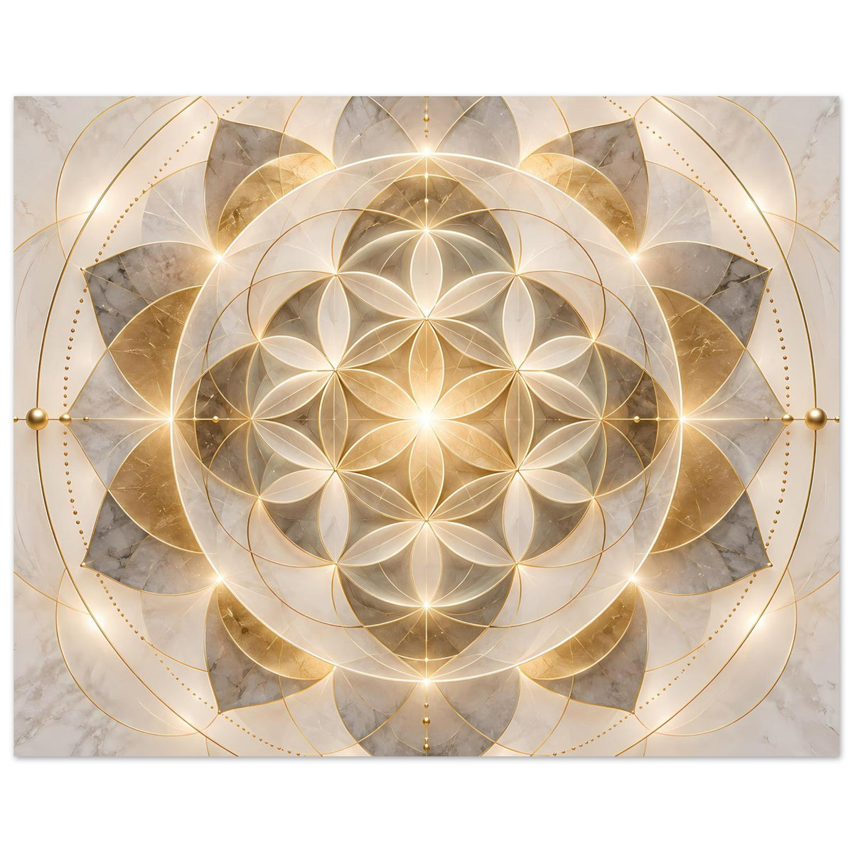 Goldenes Mandala-Poster mit zentralem Lichtkreis, goldenen Ringen und dekorativen Formen
