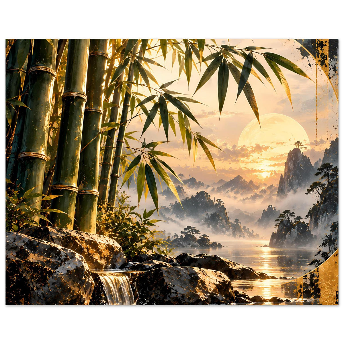 Gerahmtes Poster: Bambus am Wasserfall, Nebelberge und goldener Sonnenuntergang
