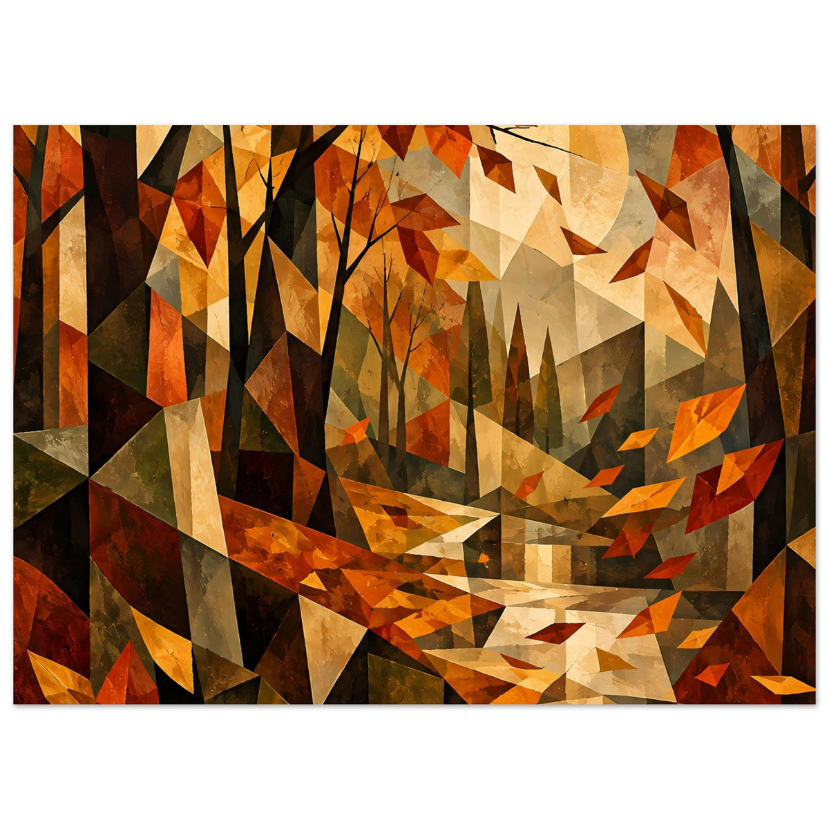 Kubistisches Herbstlandschafts-Poster (Querformat) mit Bäumen, orange-beigen Farbflächen und Blättern