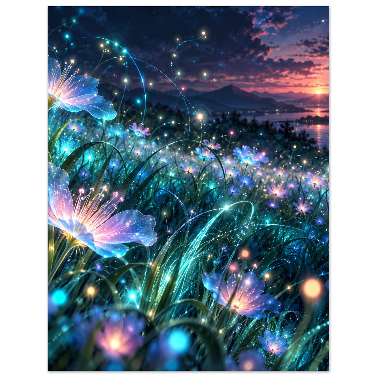 Leuchtendes Blumenmotiv auf Poster: blaue Glühblüten, helle Lichtpunkte und Abendhimmel mit Wasser