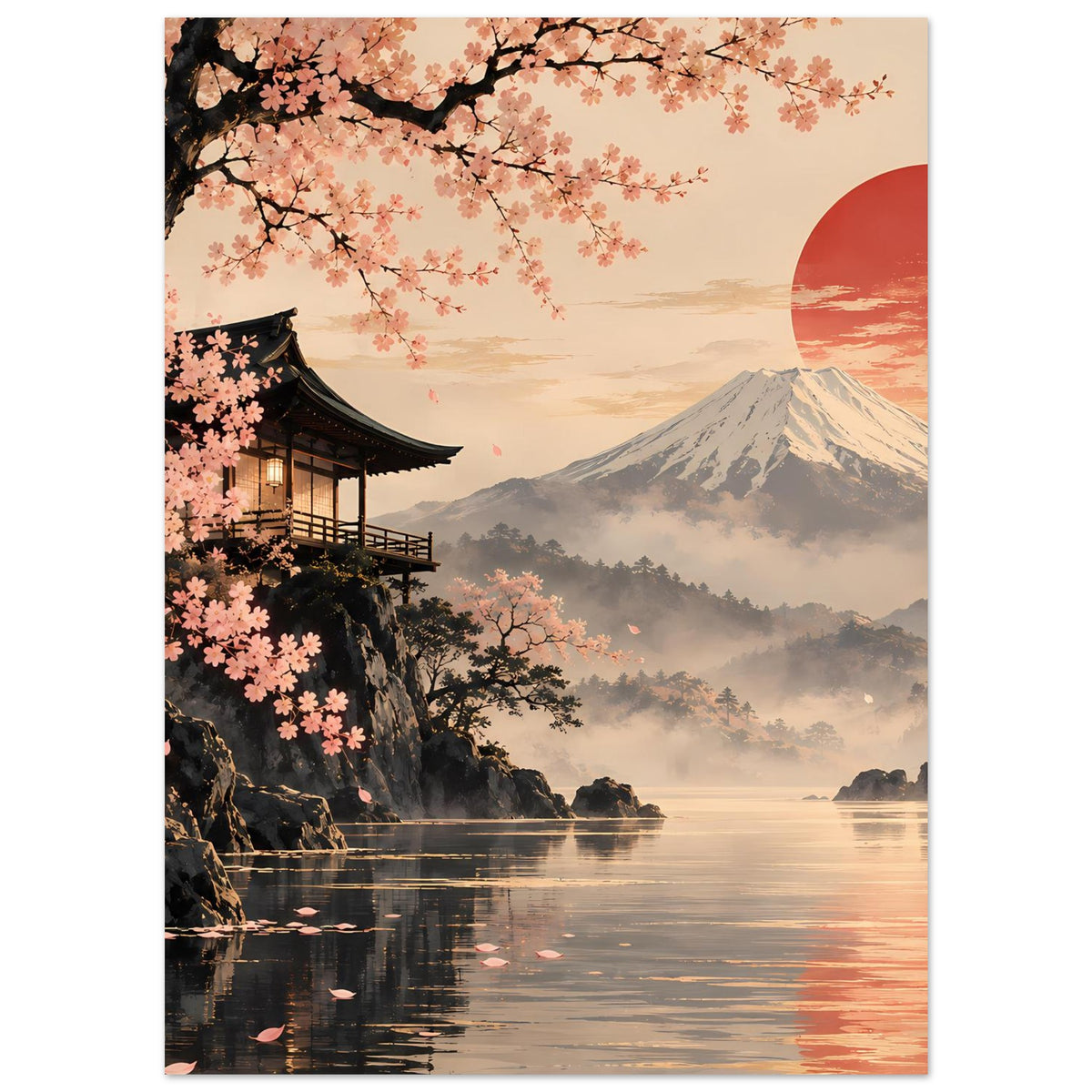 Poster mit Kirschblütenzweigen, Pagode, Fuji-Berg und roter Sonne über spiegelndem Wasser