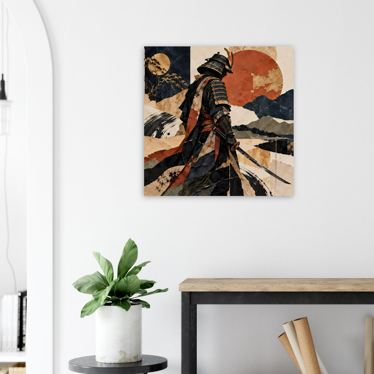 Poster mit Samurai in dunklem Gewand, erdige Landschaftselemente und große Kreisform
