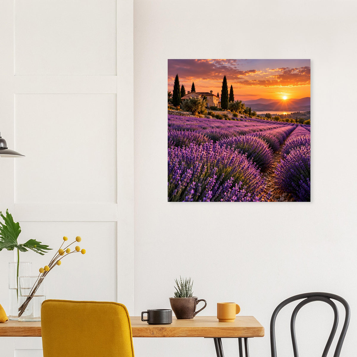 Wandposter mit Lavendelfeldern und Sonne am Horizont