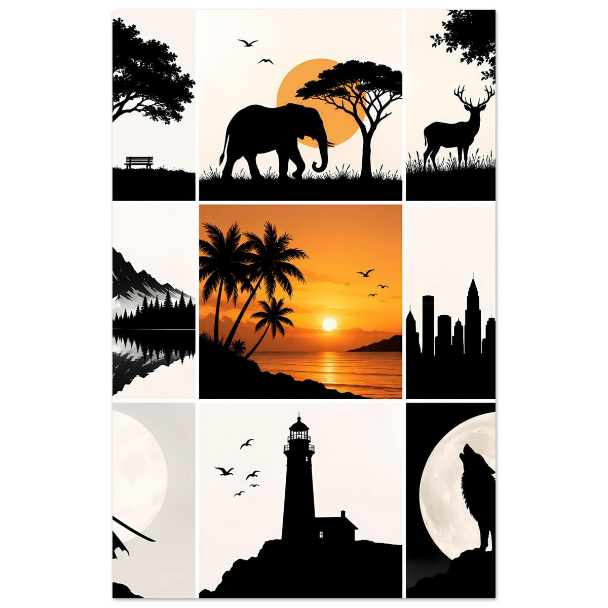 Kunstposter mit Collage, Fokus auf Elefant, Hirsche und Stadt-Silhouette mit Mond