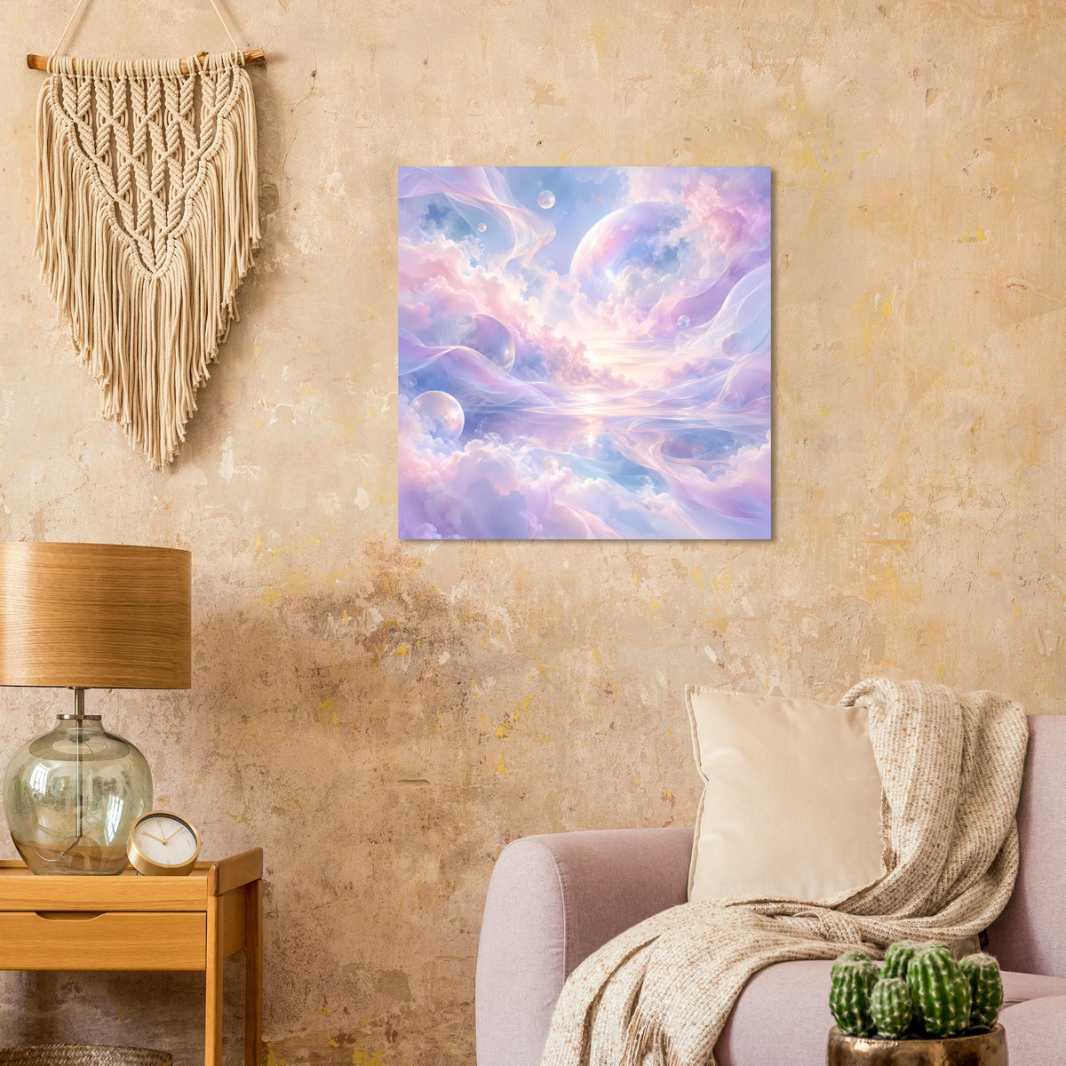 Quadratisches Poster mit pastellfarbenen Wolken, leuchtender Horizontlinie und Planeten.