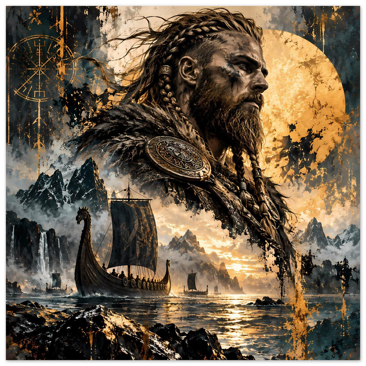 Vikingkrieger-Poster im Hochformat mit Nordmann-Profil, Rundschild und Meereslinie