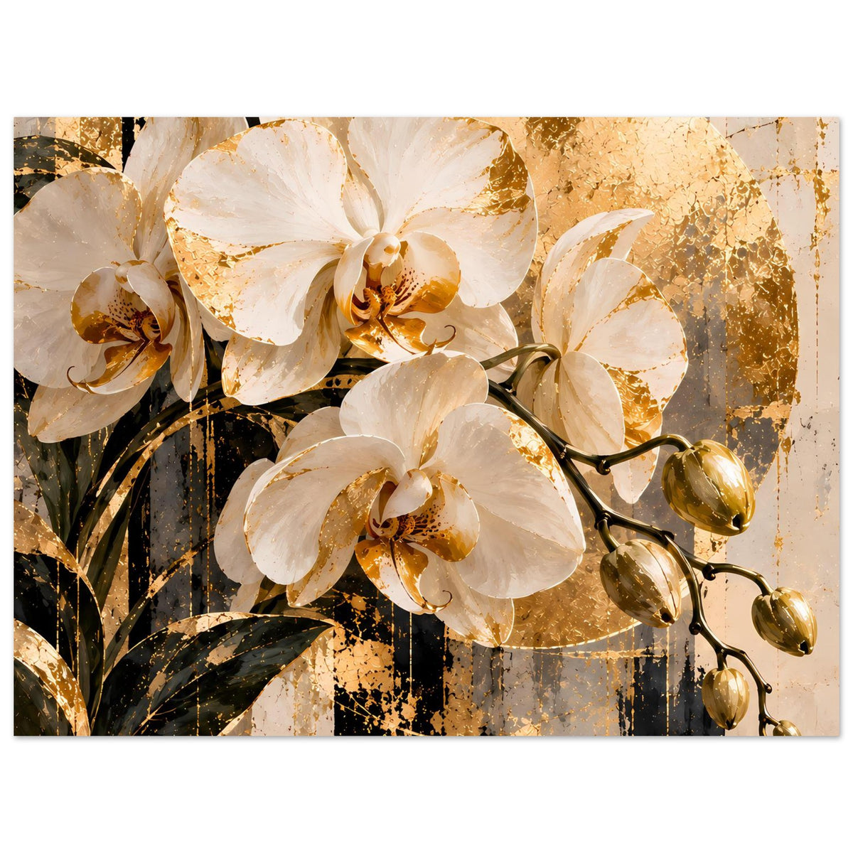 Orchideen-Wandbild als Poster, weiße Blüten im Fokus, goldene Sprühoptik und dunkle Flächen