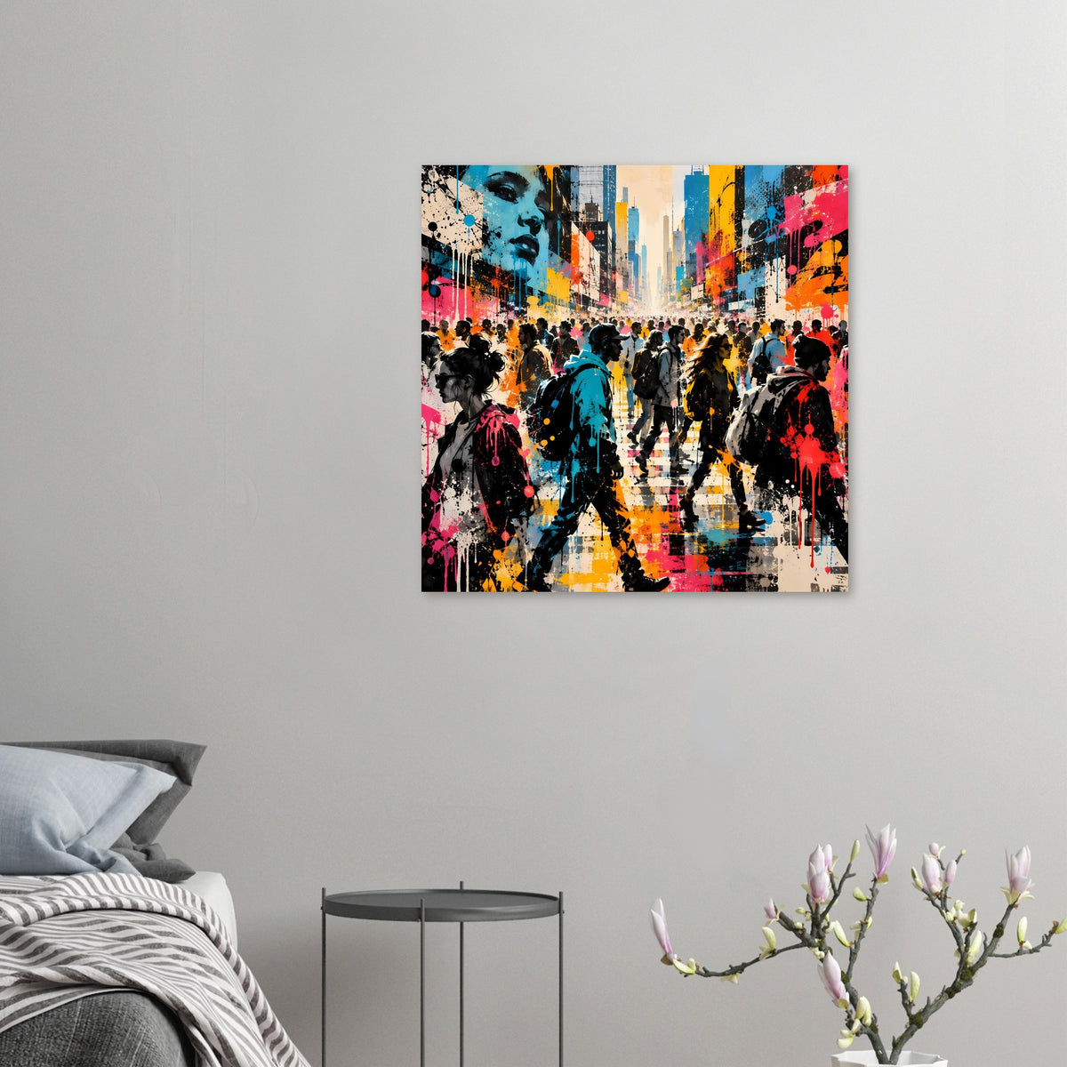 Street-Art-Poster im Querformat: kompakte City-Szene mit Figuren, Graffiti-Texturen und Farbflächen