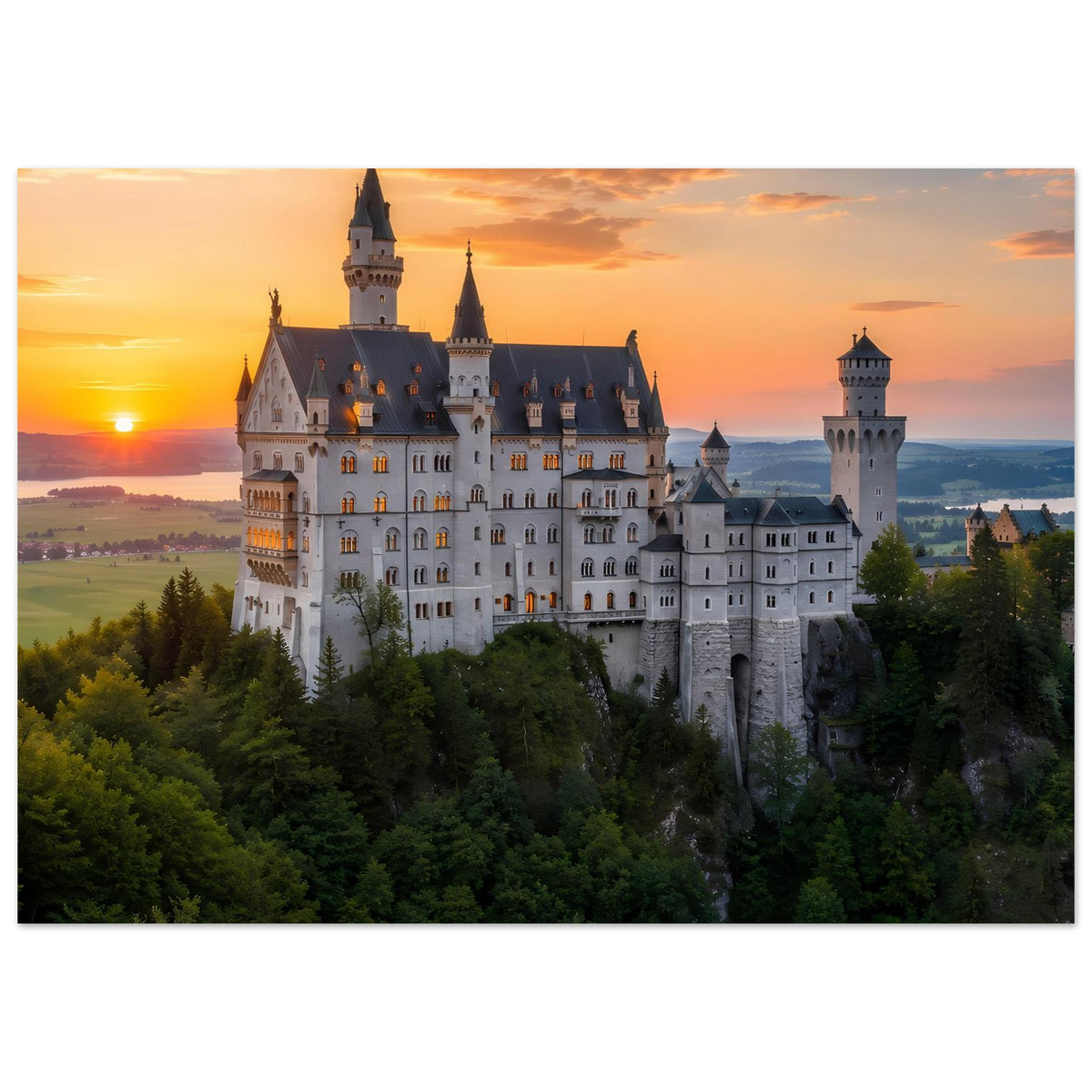 Kunstposter (hochkant) mit Schloss im Sonnenuntergang, Türme über dunkelgrünem Wald