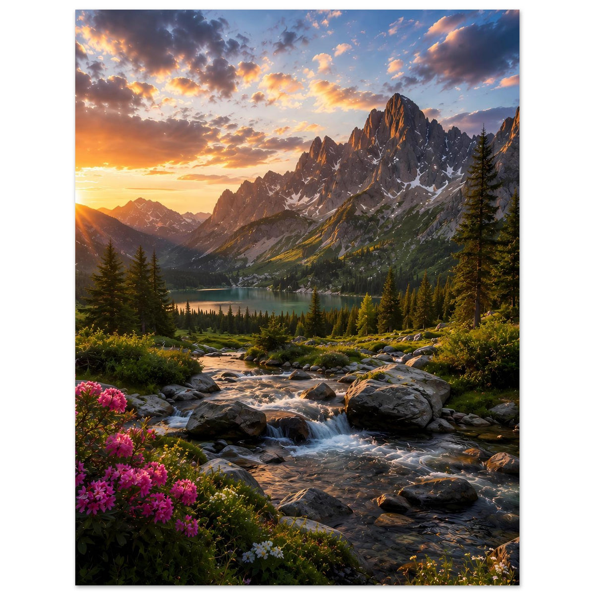 Landschaftsposter im Hochformat: Sonnenaufgangsstimmung mit Bergmassiv, Wald und Bach