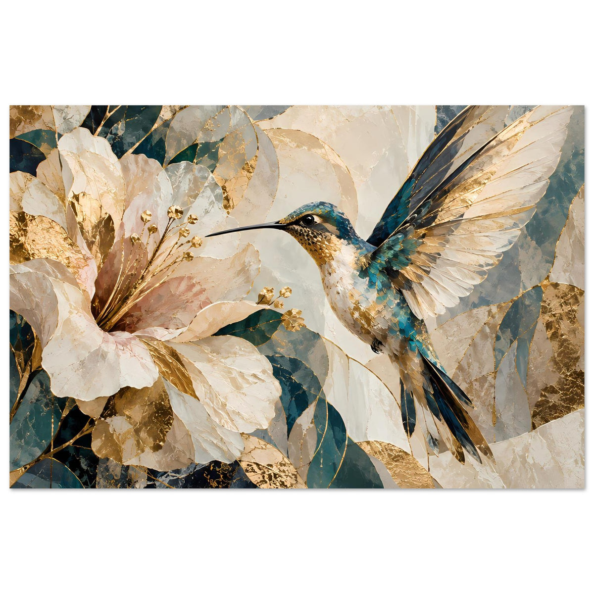 Wandposter mit Kolibri und cremefarbenen Blüten, goldene und blaue Sprenkel auf abstraktem Hintergrund