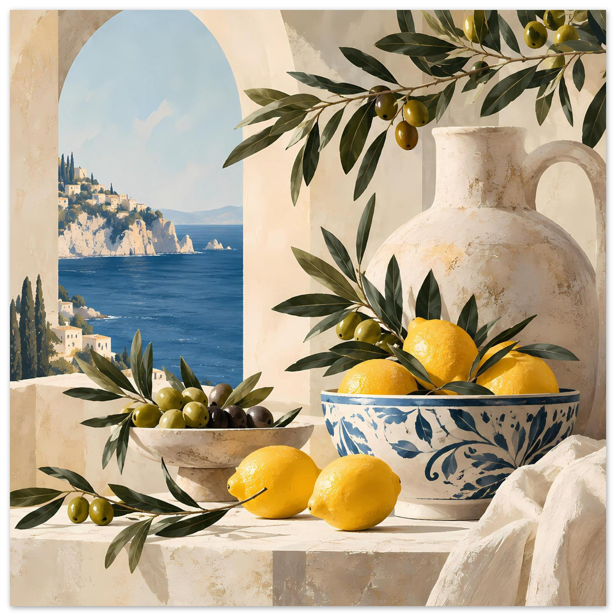 Kunstdruck mit Zitronen und Oliven in Schalen, Keramikvase im mediterranen Stil