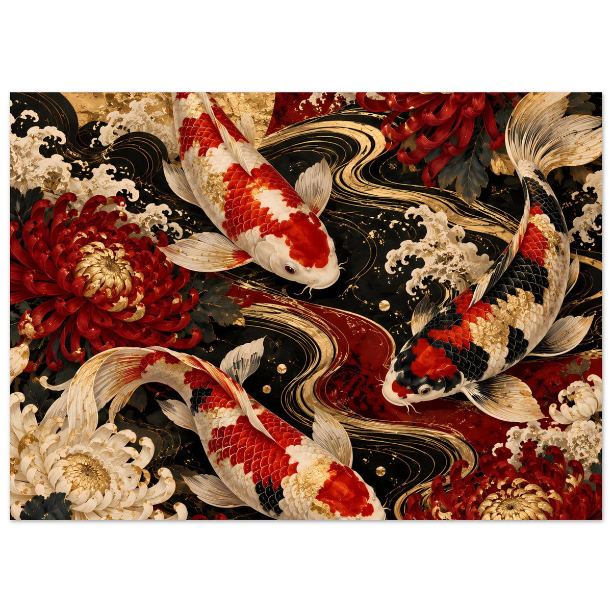 Poster mit Koi-Karpfen und üppigen Blüten in Rot, Gold und Creme in dekorativem Muster