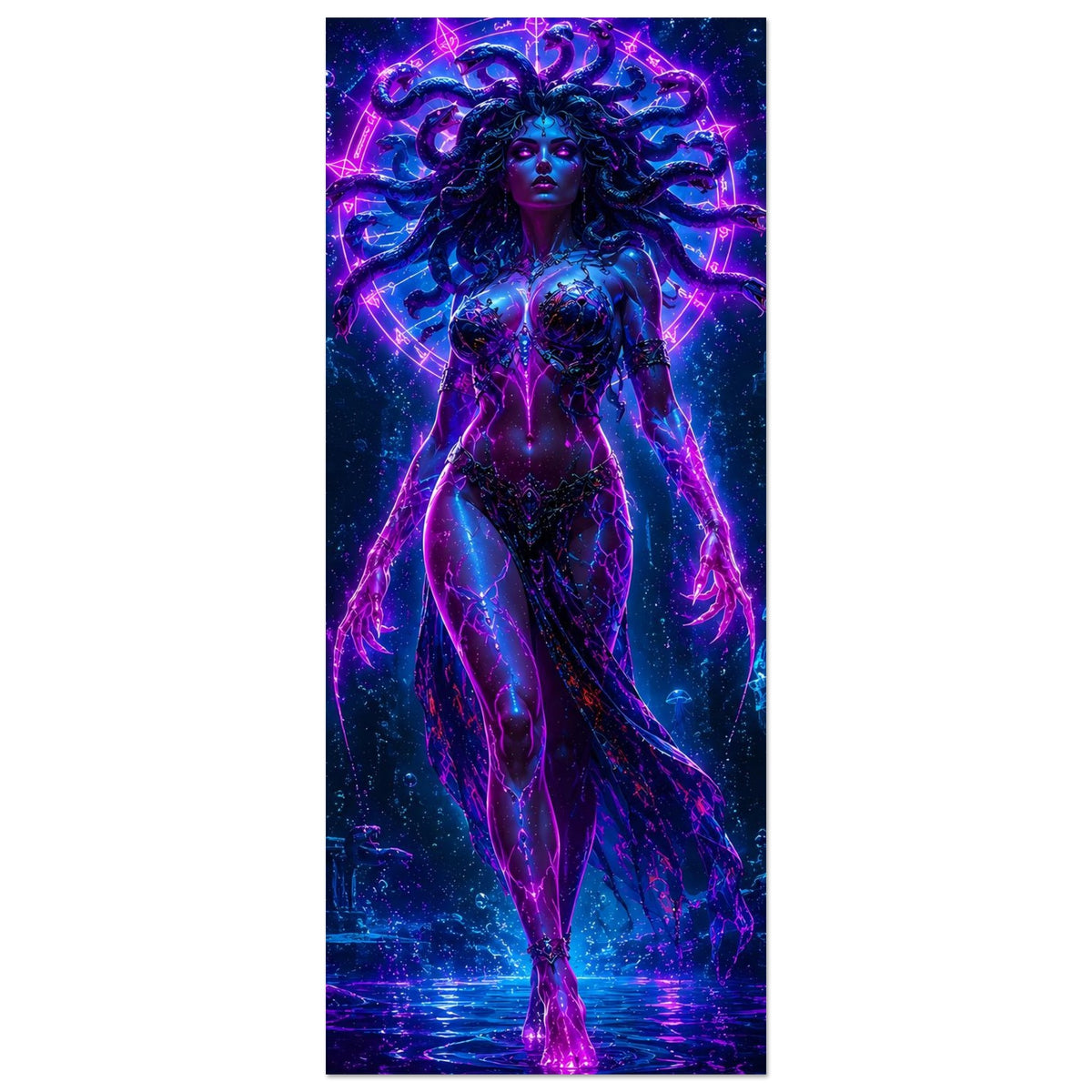 Neon-Fantasy-Poster in schmaler Vertikalansicht mit Medusa-Figur in Lila-Blau