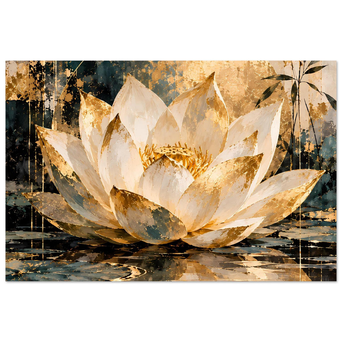Lotus-Papierkunst-Poster im Querformat: große Lotusblüte in Creme und Gold mit grünen Blattzweigen