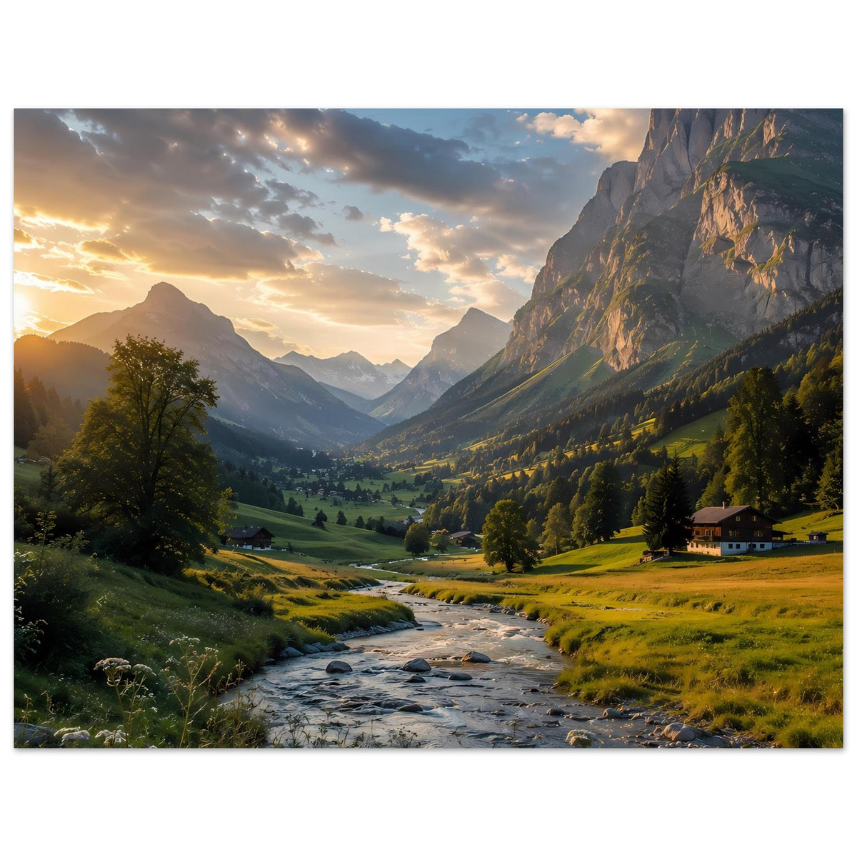 Horizontales Poster mit Alpenlandschaft im Abendlicht, Fluss, Berge und Wiesen im Tal.