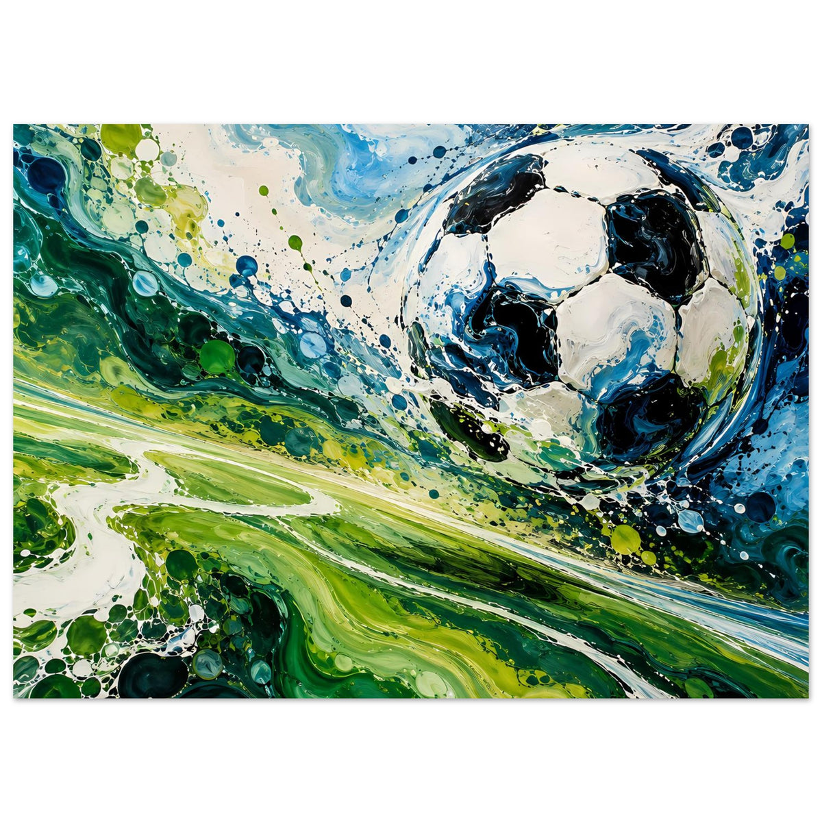 Fußball-Kunstposter im Querformat mit abstraktem Blau-Grün-Swirl und Ball in der Mitte