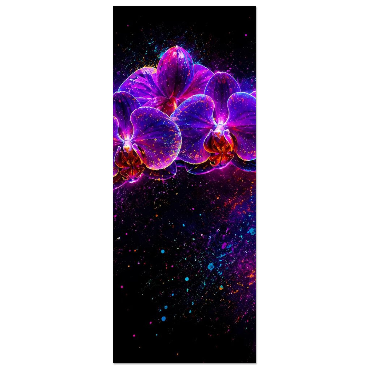 Leuchtendes Orchideen-Blumenposter im Hochformat: violette und pinke Neon-Orchideen