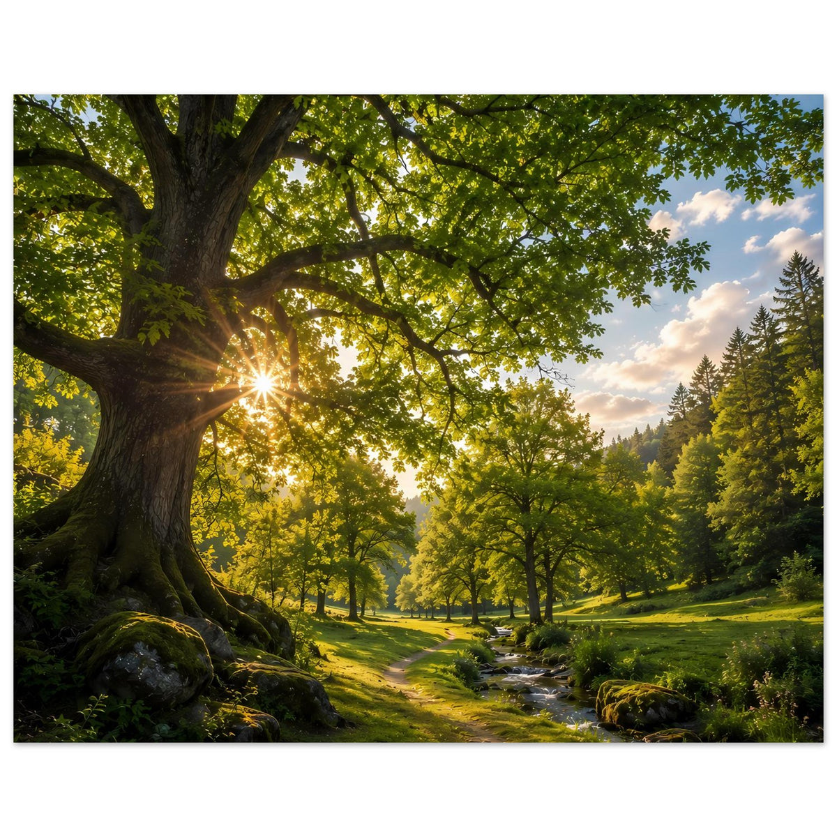 Wandposter im Querformat: Waldweg, Bach im Vordergrund, Sonne im Blätterdach