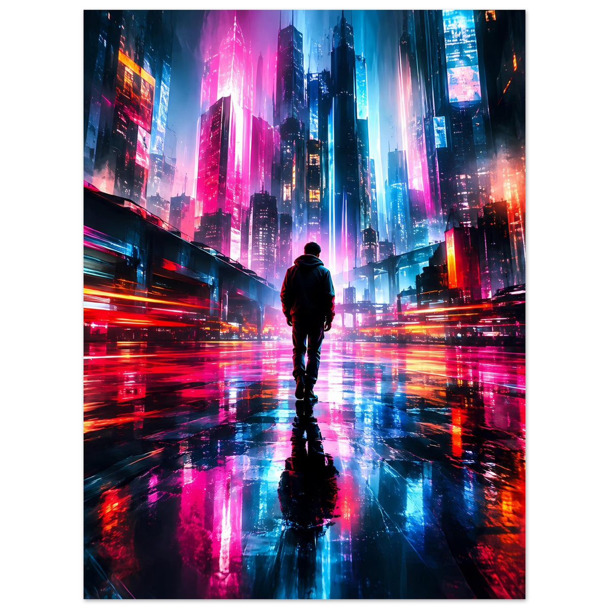 Cyberpunk-Neonstadt-Poster im Hochformat mit Lichtspuren, einsame Silhouette vorn