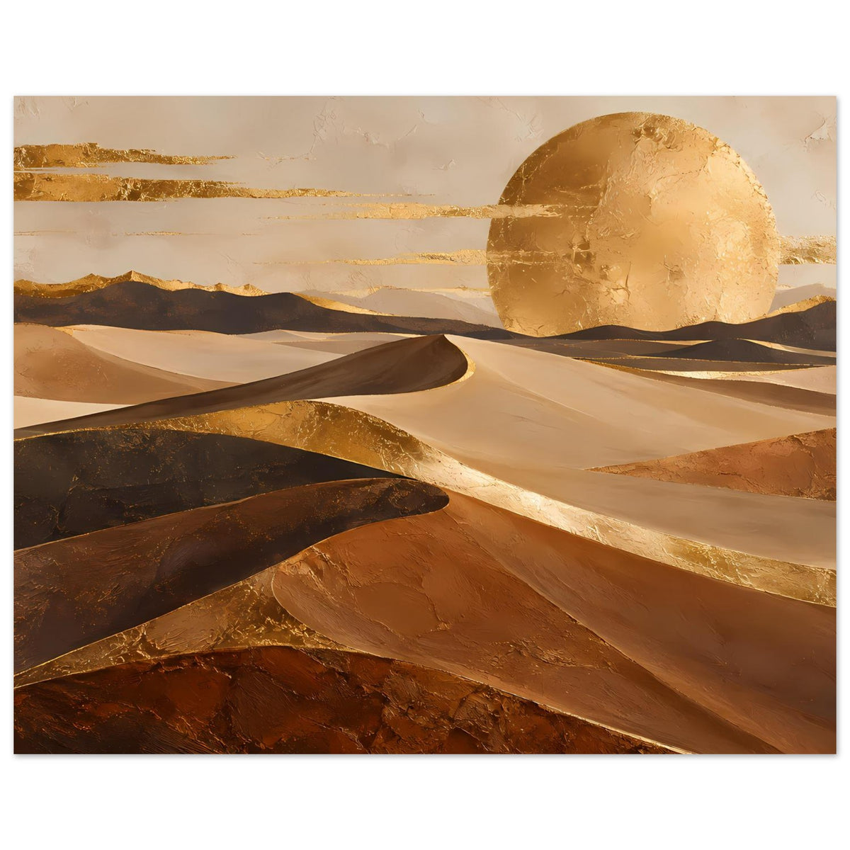 Horizontales Wüstenposter: goldene Sonne, helle Dünenkämme, dunkle Schattenbereiche
