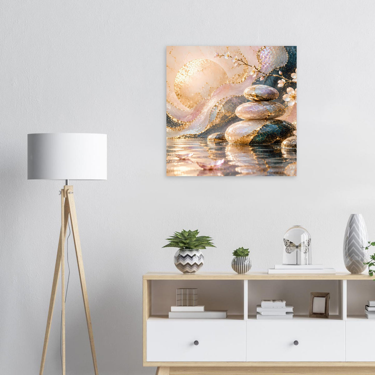 Quadratisches Kunstposter mit Goldakzenten, abstrakte Steine im Wasser