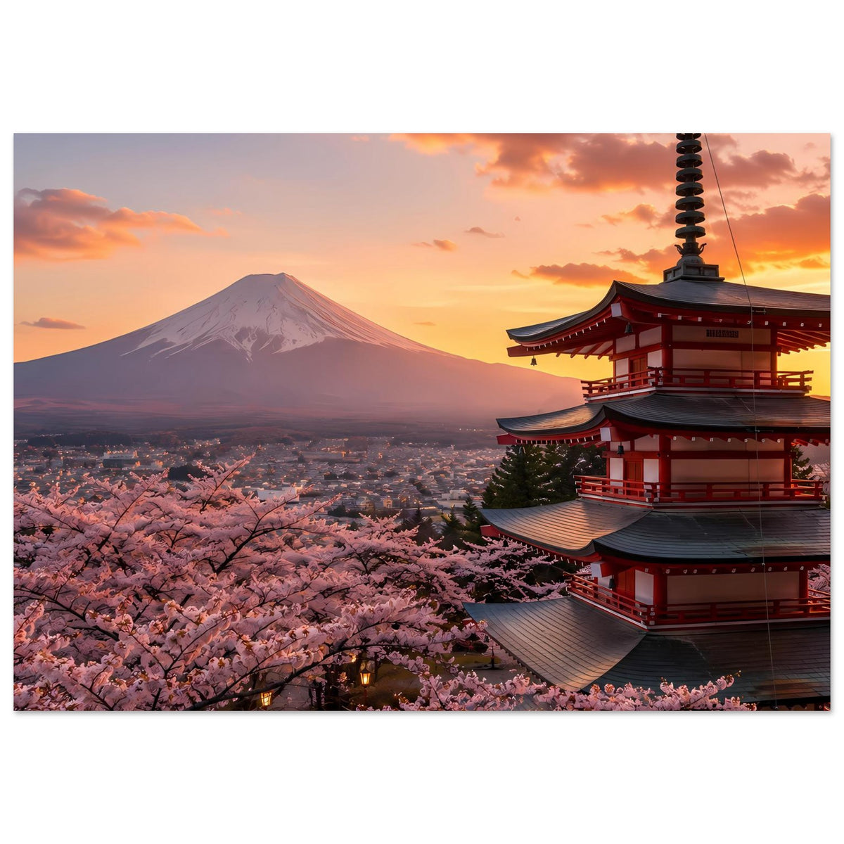 Hochformatiges Poster mit Kirschblüten, Mount Fuji und rotem Tempel im Sonnenuntergang