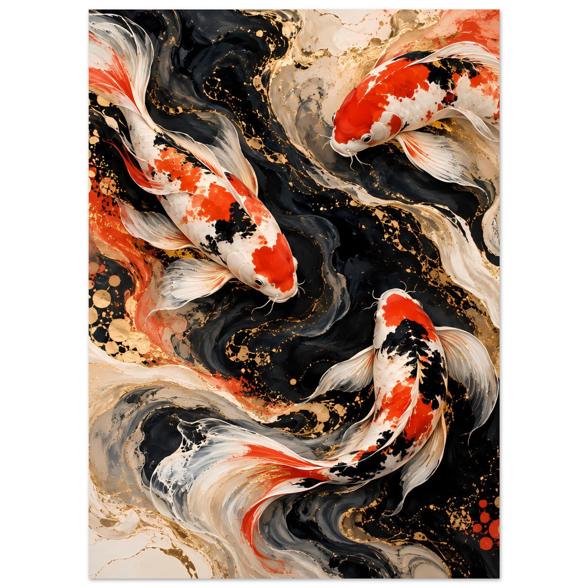 Kunstposter mit Koi-Fisch-Design in Rot, Weiß und Schwarz, ergänzt durch goldene Punkte