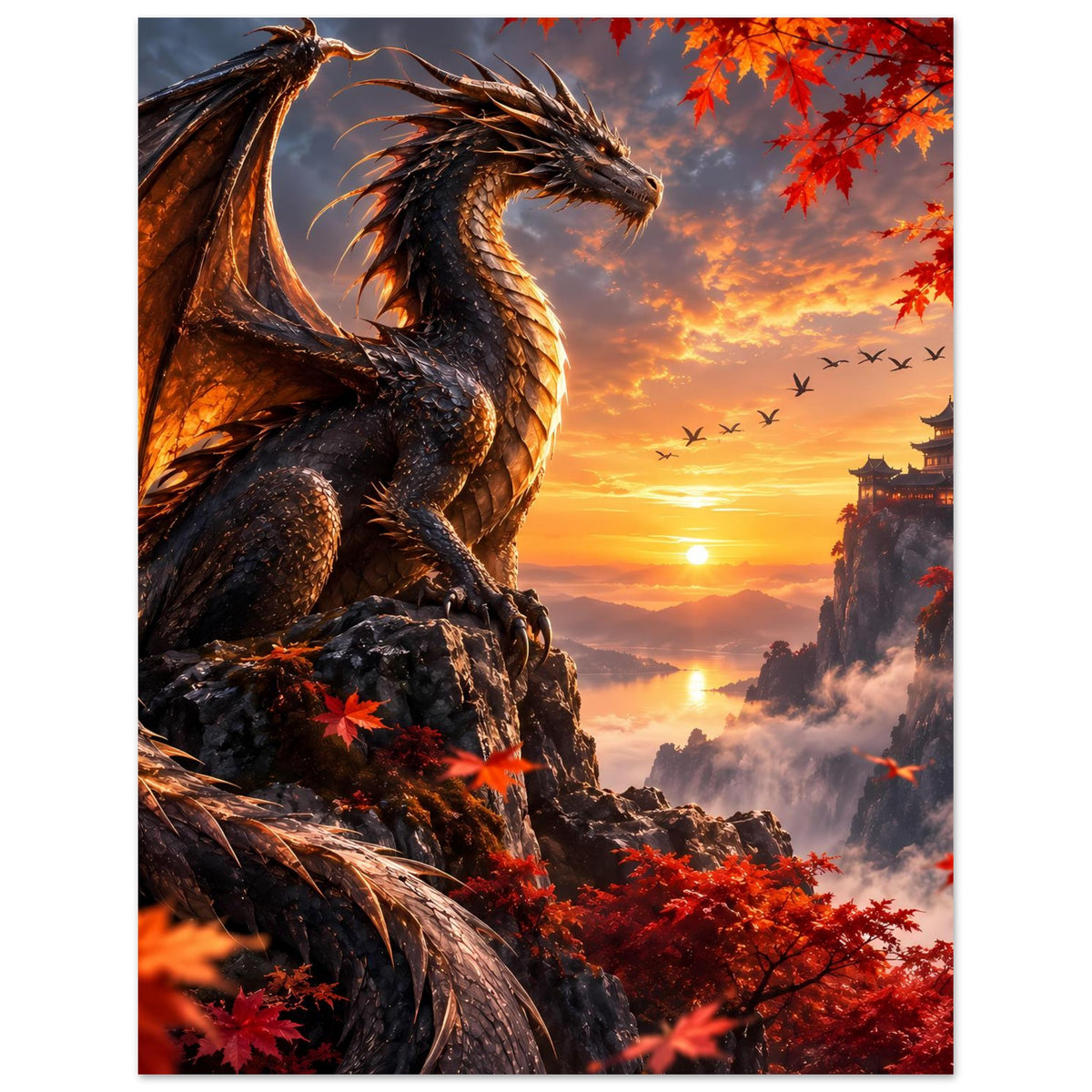 Poster mit Drachen im Vordergrund, rote Herbstblätter, Tempelturm und Vögel am Himmel.