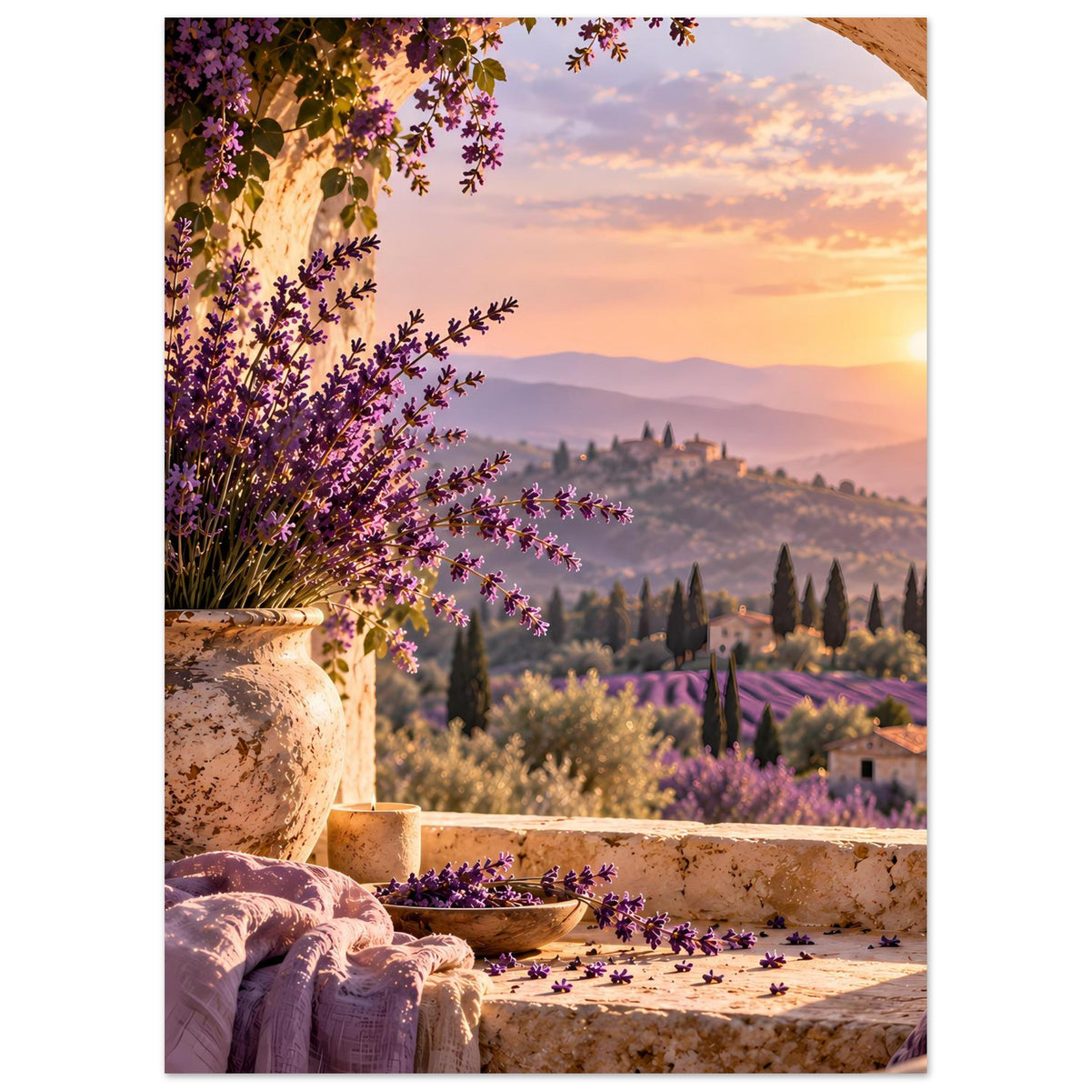 Poster im Hochformat: Lavendelsträuße, Steinmauer und goldener Sonnenuntergang