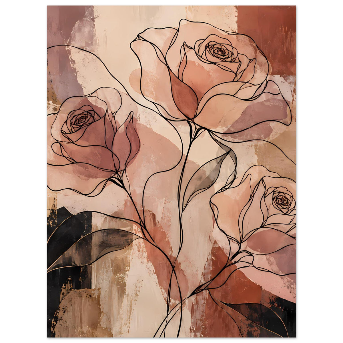 Vertikales Poster: abstrakte Rosen als Linienkunst in warmen Erdtönen, terrakotta und schwarze Linien
