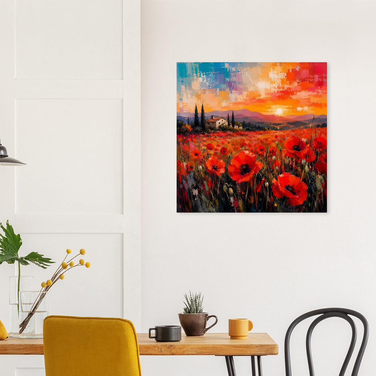 Quadratisches Wandposter: rote Blumenfelder, Häuser im Tal und orangefarbener Himmel