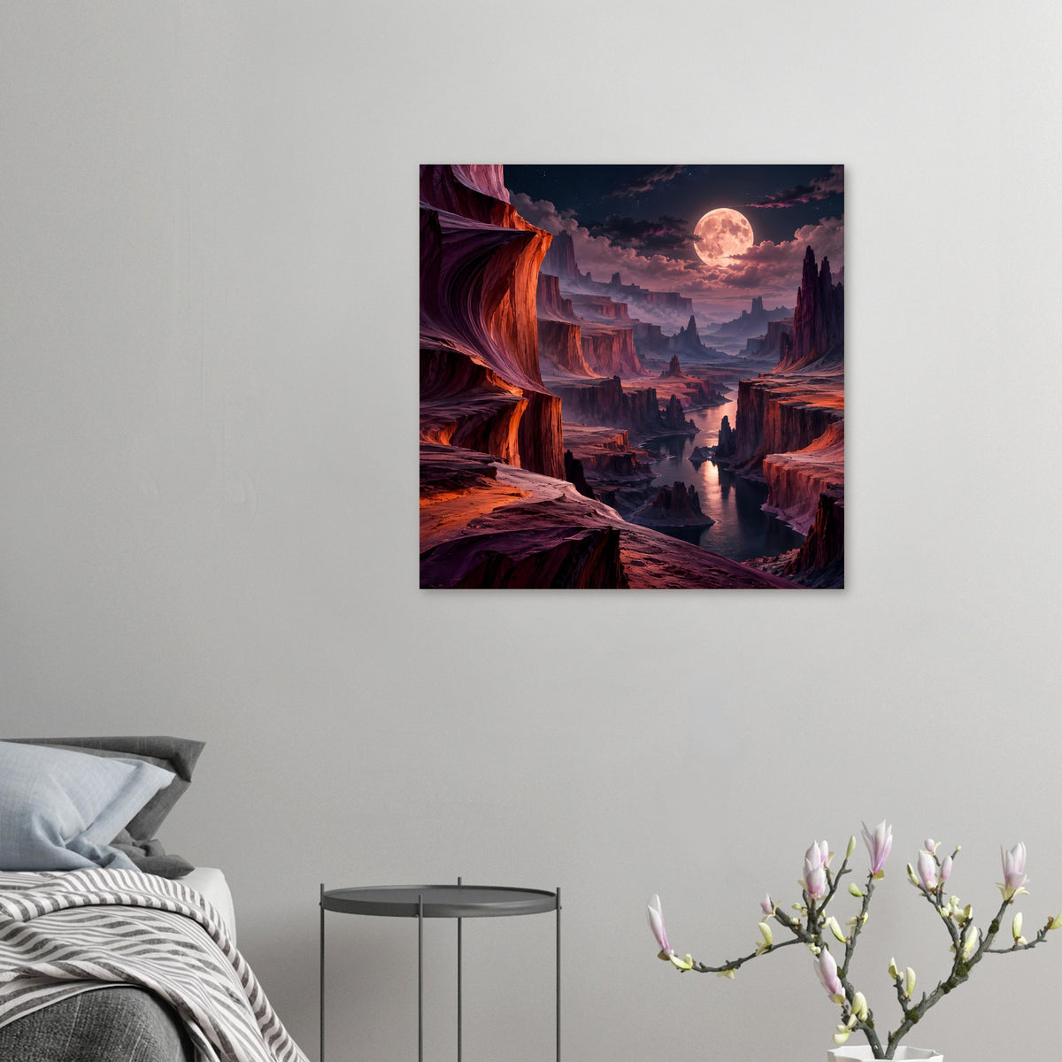 Kleines Landschaftsposter mit Canyon, Flusslauf und großem Mond; rot-orangene Felswände