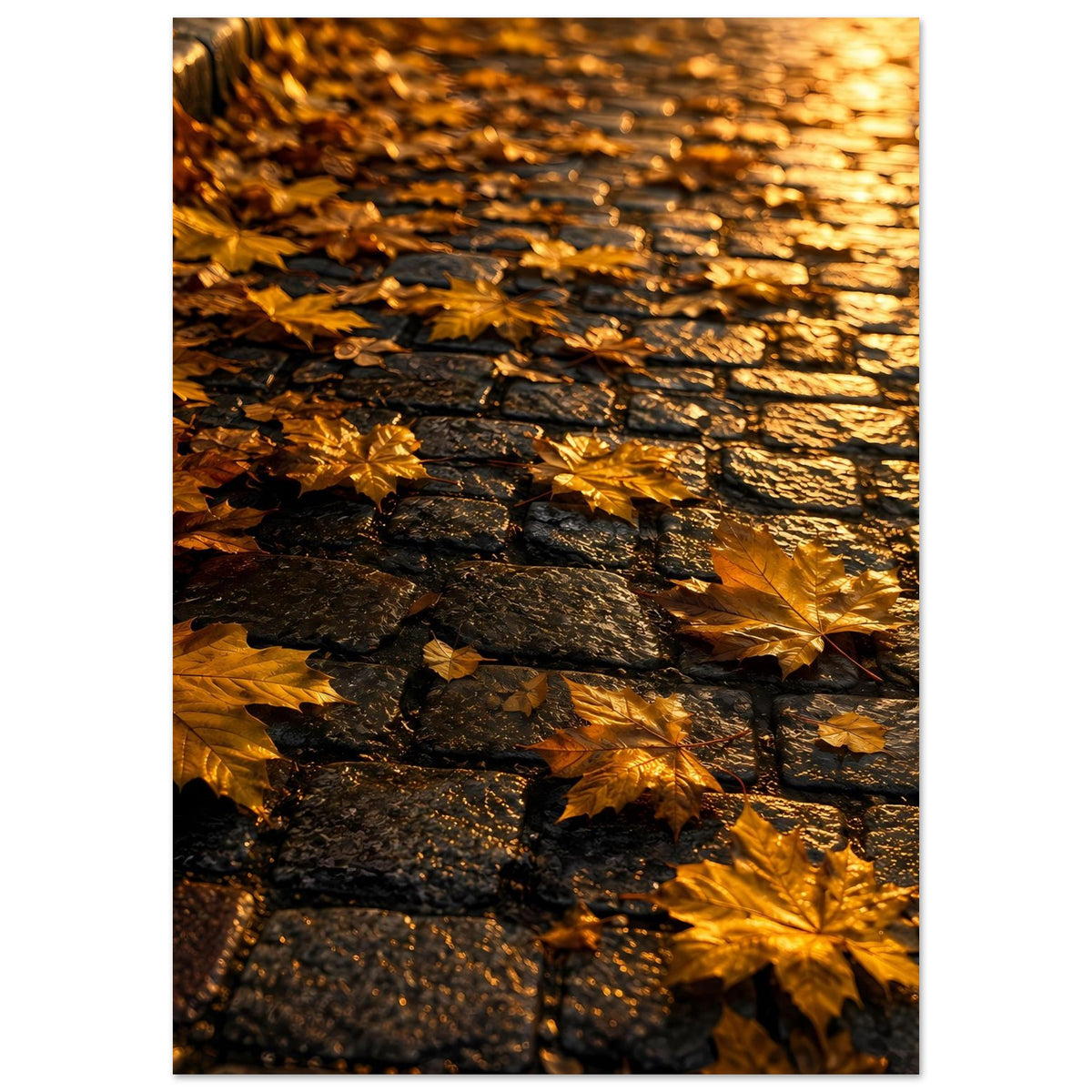 Herbstposter auf mattem Papier, vertikal: goldene Blätter am Rand, dunkle Steinwand dahinter