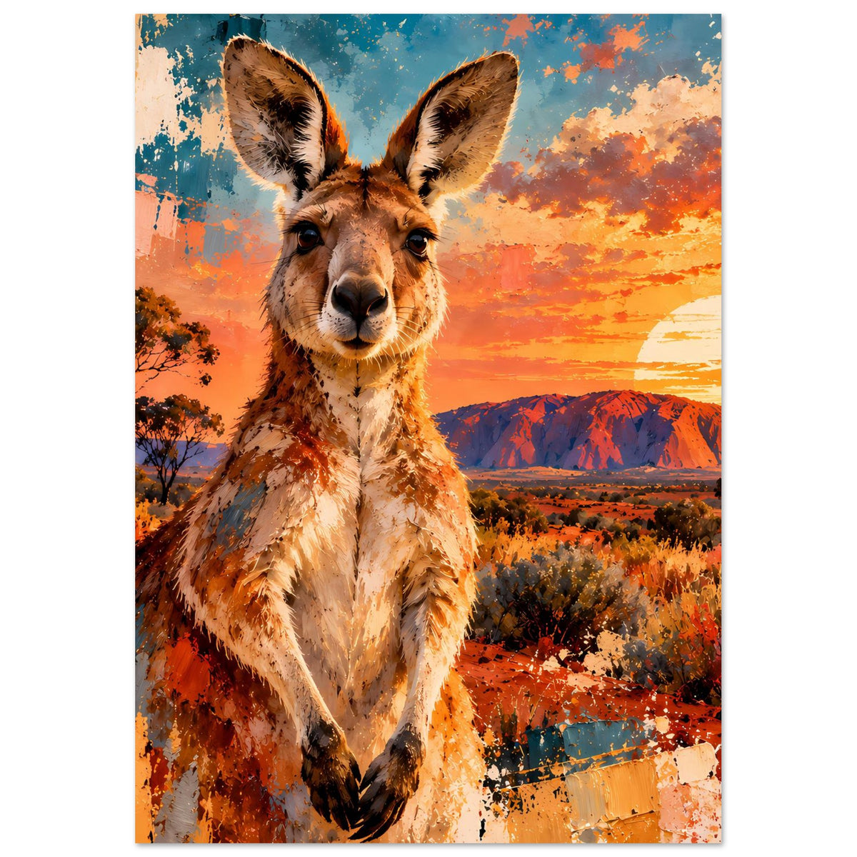 Känguru-Sonnenuntergangs-Poster auf Premium-Mattpapier, großes Tierporträt im Farbverlauf