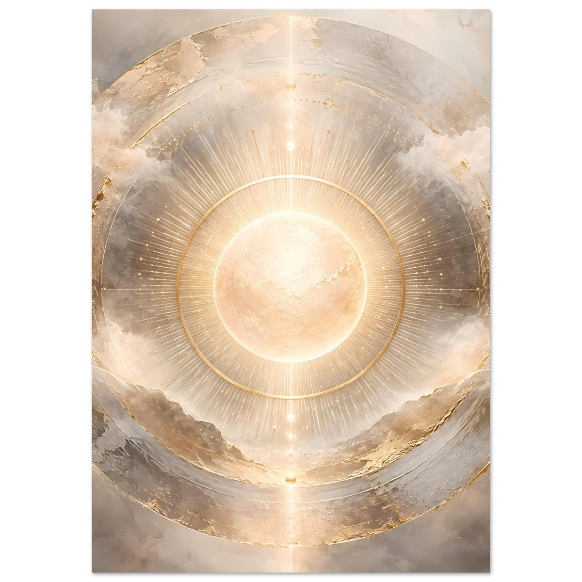 Kosmos-Poster mit hellem Sonnenkreis, goldenen Ringen und sanften Wolken-Texturen