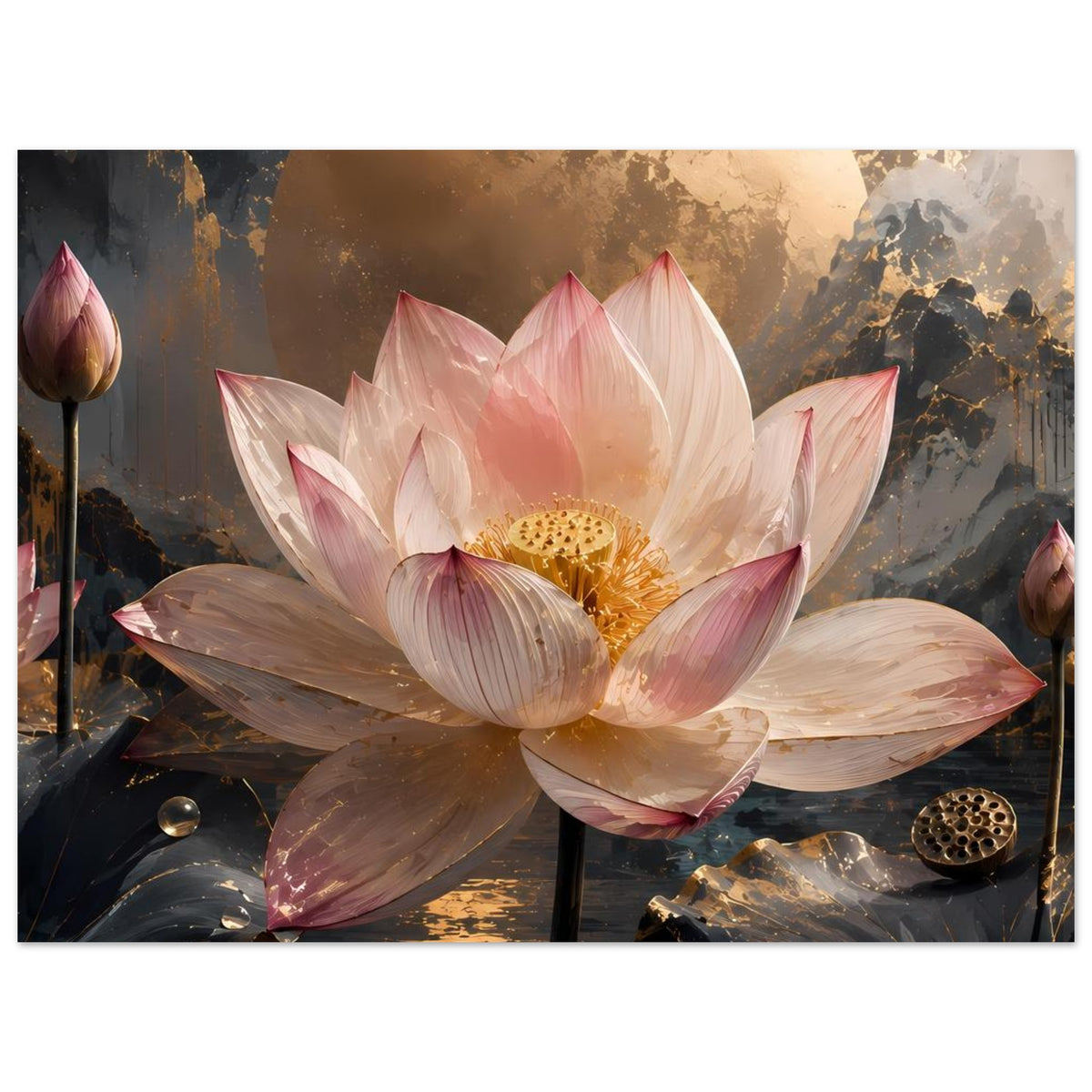 Poster zeigt rosa Lotusblüte mit goldener Mitte und hell abgesetzten, gefalteten Blütenblättern