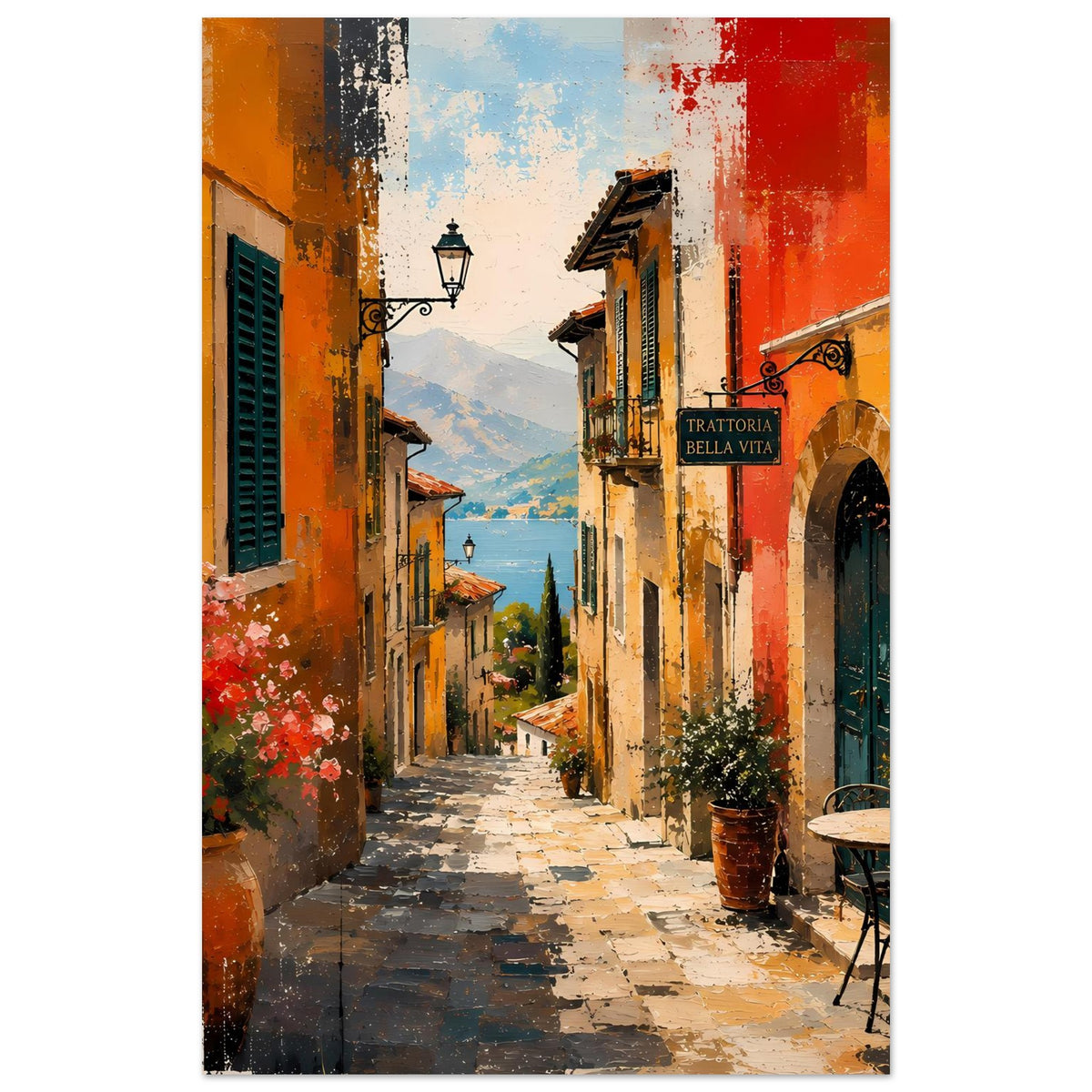 Kunstdruck-Poster mit italienischer Gasse, enge Ansicht, Laterne, rote und gelbe Wände