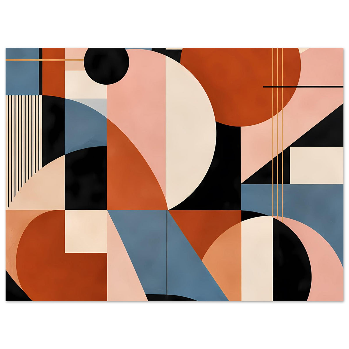 Geometrisches Abstrakt-Poster mit großen Kreisformen, Streifen und Rechteckfeldern in Terrakotta und Blau