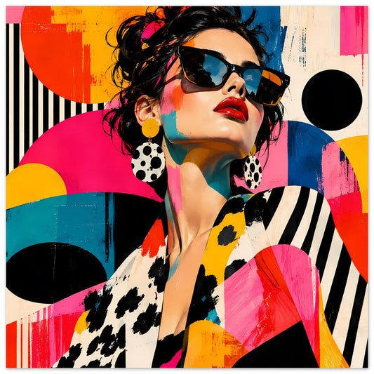Pop-Art-Grafikposter mit Frauenporträt: Sonnenbrille, rote Lippen, bunte Farbflächen