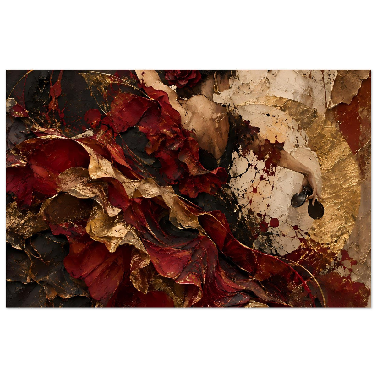 Wandkunst-Poster, Nahansicht: Frau mit roter Rose, rotes Tuchgewand und Krakelee