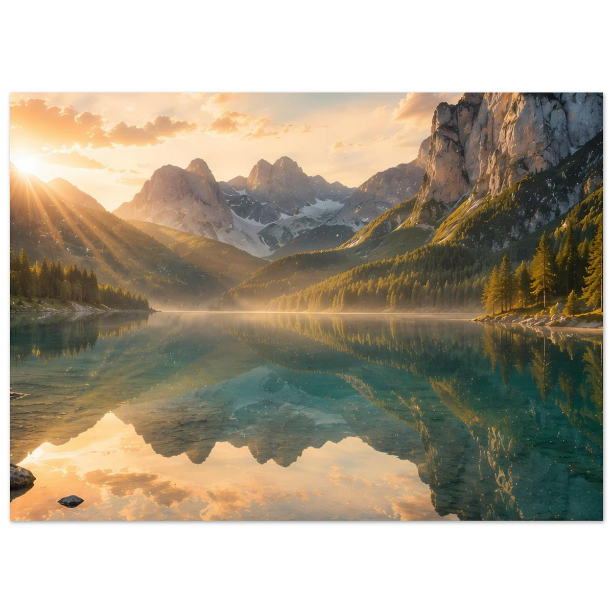 Kunstdruck-Poster quer: Sonnenaufgang am Bergsee mit reflektierten Felsen und Himmel