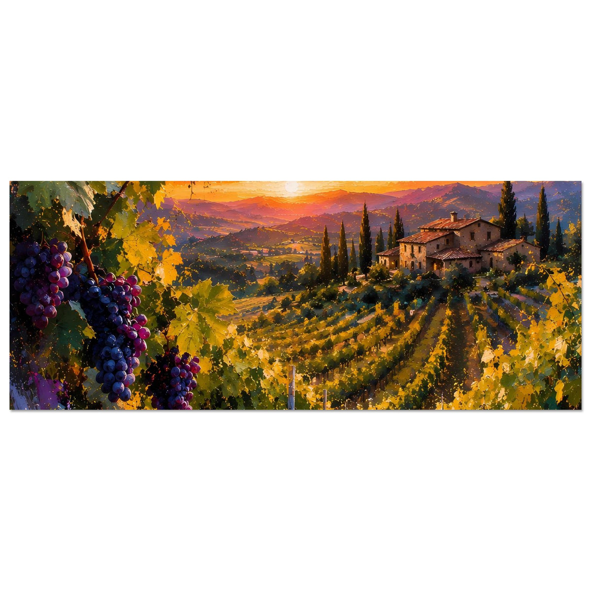 Horizontales Weinberg-Poster mit Trauben links, Reihenreben, Landhaus rechts im Sonnenuntergang