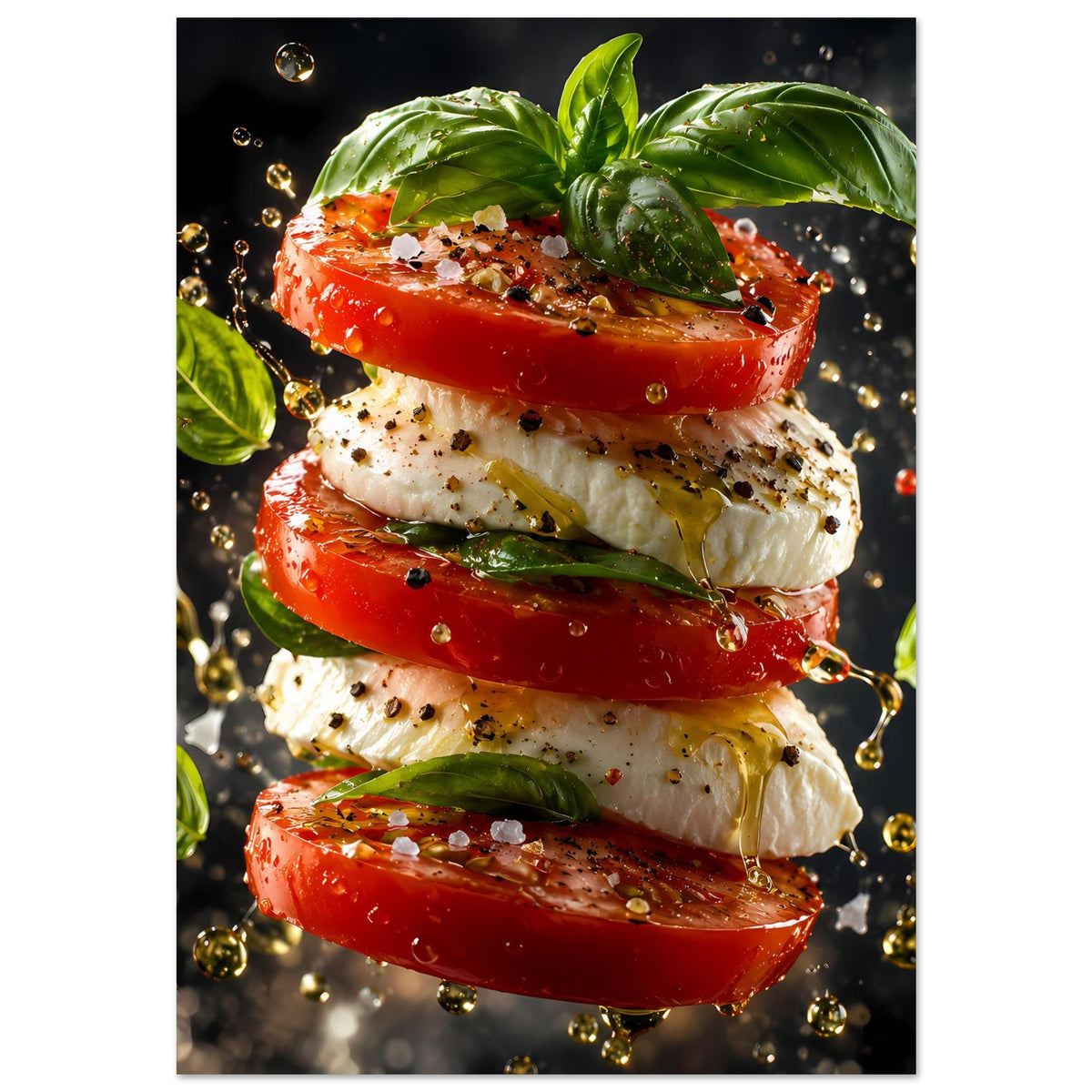 Vertikales Küchenposter: rote Tomatenscheiben mit Mozzarella und grünen Basilikumblättern